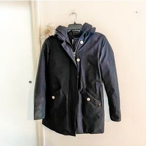 Woolrich parka, fur trimmed hood, black, size XS